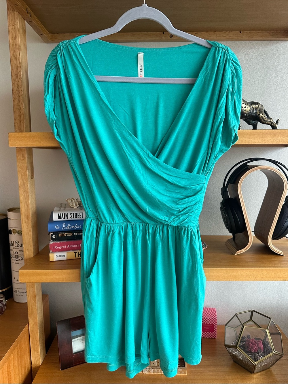 Gilli Teal Faux-Wrap Romper - size M